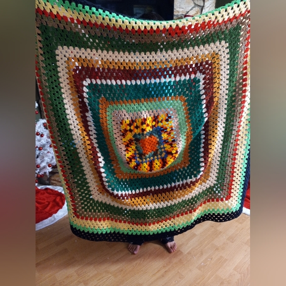 Handmade Crochet Shawl TOP Pattern 75 in L x 68 in W Green Yellow Throw Blanket - Picture 8 of 9